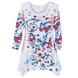 New XXL Americana Butterflies Scrolling Design Sequin Shark Bite Knit Tunic